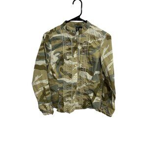 Mixit Camo Embroidered Button Front Shirt Green Sz Medium Petite Utility Army